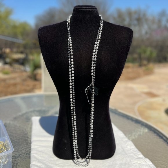 Long Pearl Necklace Double Necklace Sparkle Silver Tone Multi Strand Dressy NWT - Picture 4 of 4